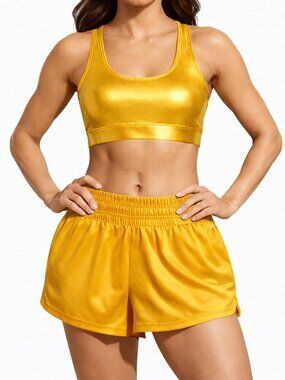 DSG Women High Rise Stride Run Shorts, Built-in brief, Gold Swirl NWT